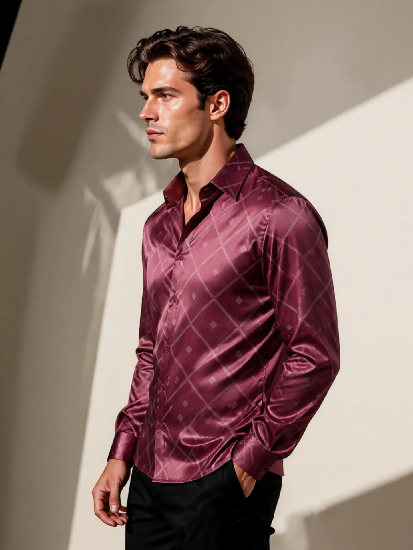 Camisa Social Masculina de Cetim com Manga Longa e Botões, Estampada, Tecido Liso e Brilhante, Ideal para o Dia a Dia, Escritório, Trabalho e Uso Diário