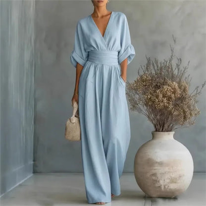 Waist V-neck Jumpsuit 2026 Spring And Summer New Style Fashionable And Elegant Women's Solid Color Mid-sleeve Wide-leg Jumpsuit