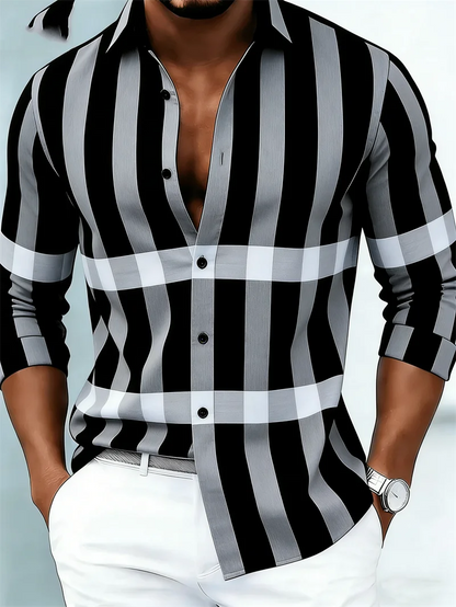 Nova camisa masculina de manga comprida, casual, com estampa 3D listrada, de alta qualidade, com fechamento de botão único.