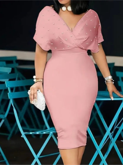 Moda vestido de festa para wonen sexy decote em v pacote hip vestidos elegantes 2025 srping verão senhora cor sólida magro escritório midi vestido