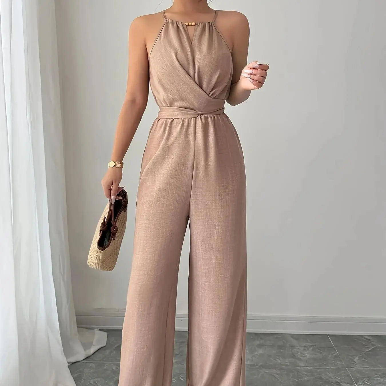 Feminino primavera/verão casual tecido plissado halterneck frisado cintura botão e gravata design maxi macacão