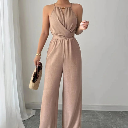 Feminino primavera/verão casual tecido plissado halterneck frisado cintura botão e gravata design maxi macacão