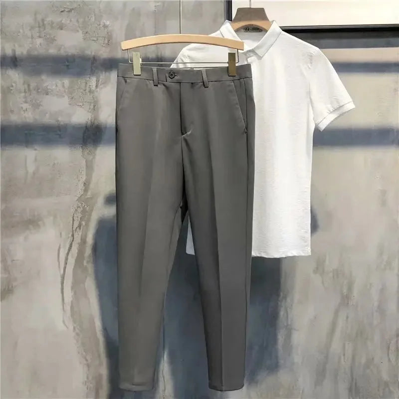Calças Masculinas Casuais Estilo Japonês Verão 2022 Nova Tendência Marca Elegante com Caimento Fluido e Corte Reto Solto Comprimento 7/8