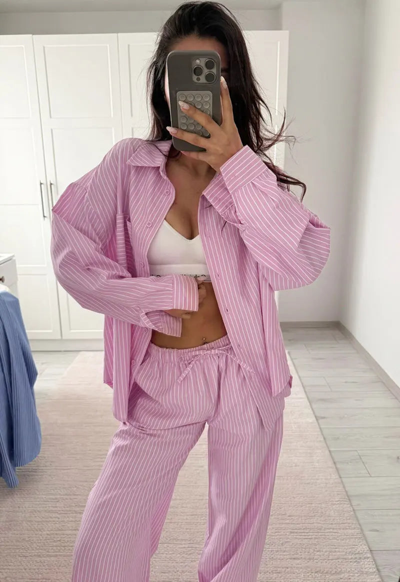 DSMTRC Women Casual Blue Stripe Loose Suits Buttons Shirt + Drawstring Pant 2025 New Summer Fashion Holidays Simple Stylish Sets