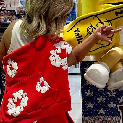 Conjunto Feminino de 2 Peças 2026: Moletom Casual Estampado de Espuma Solto + Calça - Roupa Feminina de Outono Inverno