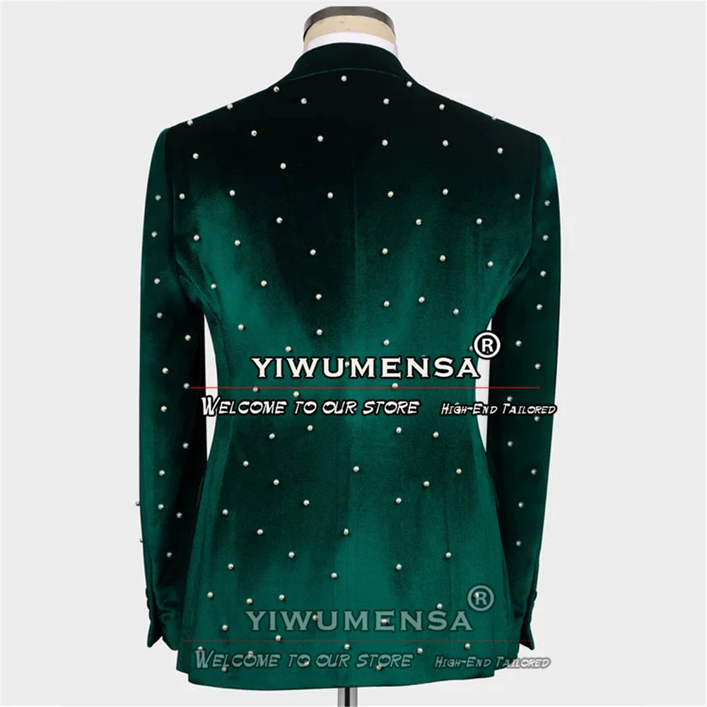 Ternos de casamento de luxo para homens noivo usar smoking artesanal pérolas jaqueta de veludo masculino banquete vestido de festa sob medida 3 peças conjunto