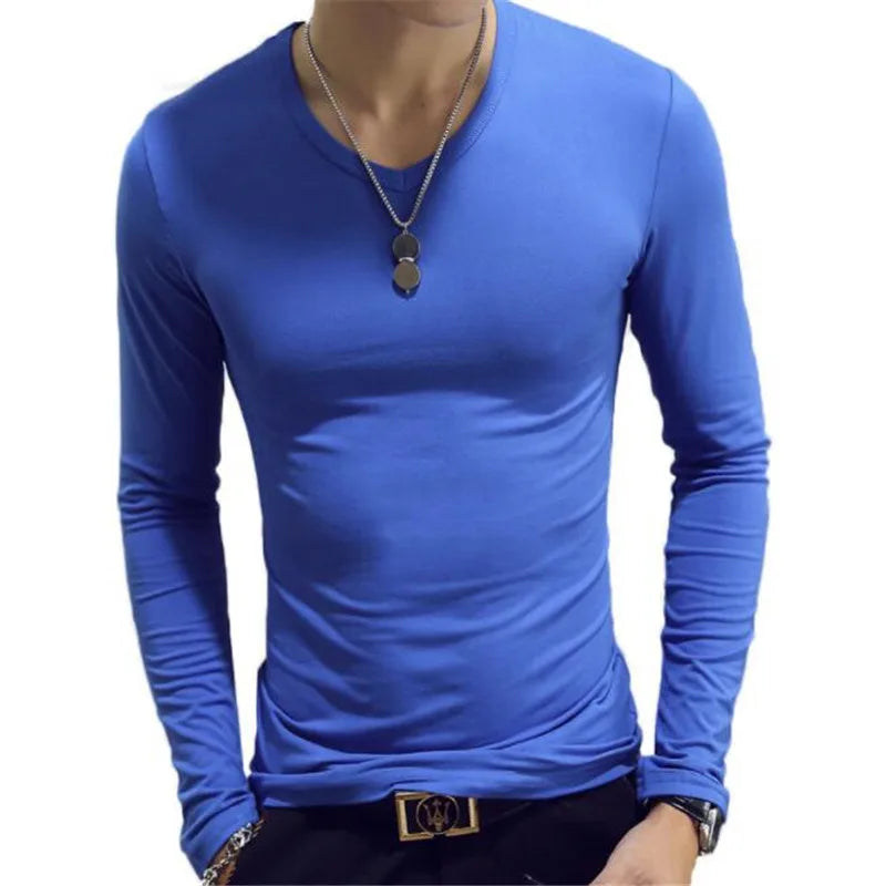 Camiseta masculina de manga comprida com estampa "Cultive a Moralidade" para a Primavera e o Outono, gola redonda, em poliéster liso, nas cores vermelho, azul e preto.
