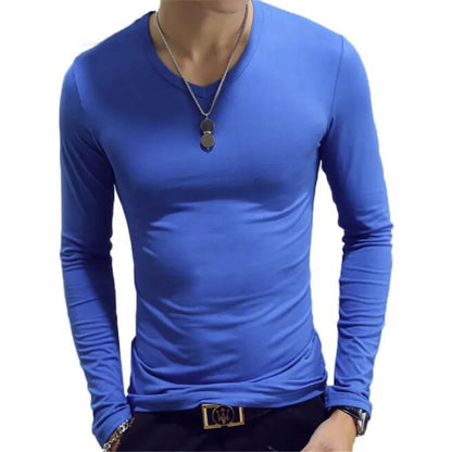 Camiseta masculina de manga comprida com estampa "Cultive a Moralidade" para a Primavera e o Outono, gola redonda, em poliéster liso, nas cores vermelho, azul e preto.