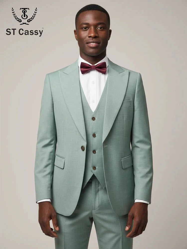 Conjunto de Terno Masculino ST Cassy Novo Estilo Fino de Três Peças Verde Slim Fit Formal para Escritório (jaqueta+colete+calças)