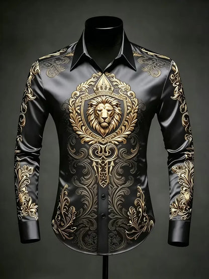 Nova camisa masculina de manga comprida com estampa geométrica dourada e detalhes em diamante, com caimento suave e lapela de cetim.