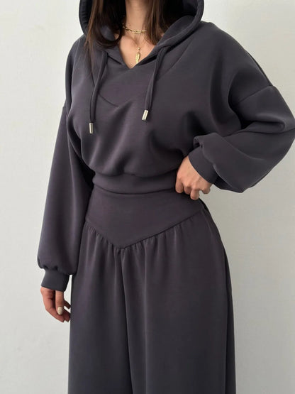 Conjuntos de Calças Casuais para Mulheres, Estilo Esportivo, Moletom Curto com Capuz, Calças de Cintura Alta, Conjunto de Duas Peças, Moda de Rua Feminina