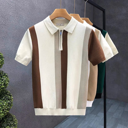 Meia zip estilo ocidental seda gelo fino suéter de manga curta para homens verão legal malha camiseta para homens camisa polo de alta qualidade