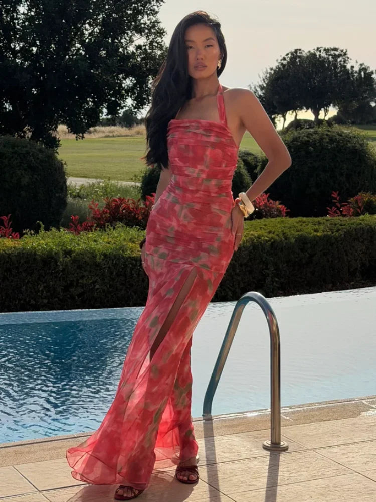 Vestido Longo Plissado com Mangas Borboleta para Mulheres, Decote V Profundo, Estampa Floral, Sexy, com Cintura Ajustável, Vestidos Femininos para Férias e Passeio