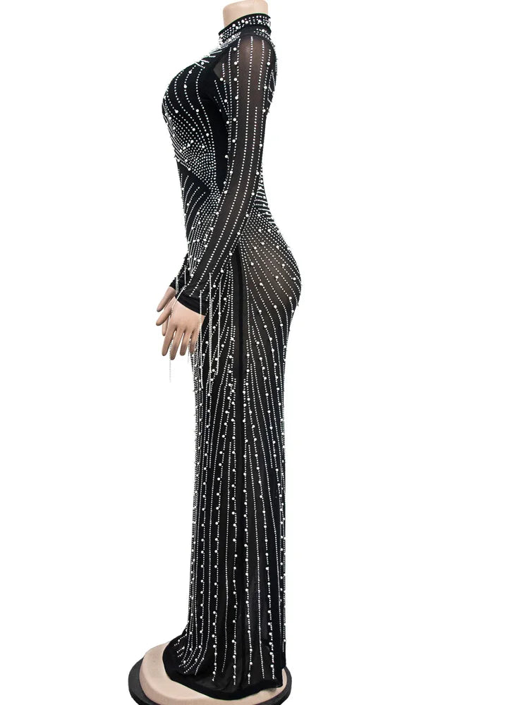 Beyprern-Vestido feminino de malha strass, vestido com franjas, roupas de cristal, vestidos glam, lindas pérolas, festa em malha