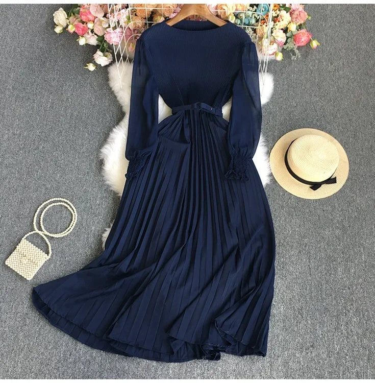 Vestido longo plissado feminino, modelo evasê, gola redonda, manga comprida, para festa, maxi, cintura alta, cinto, justo, sexy, elegante, com recortes.