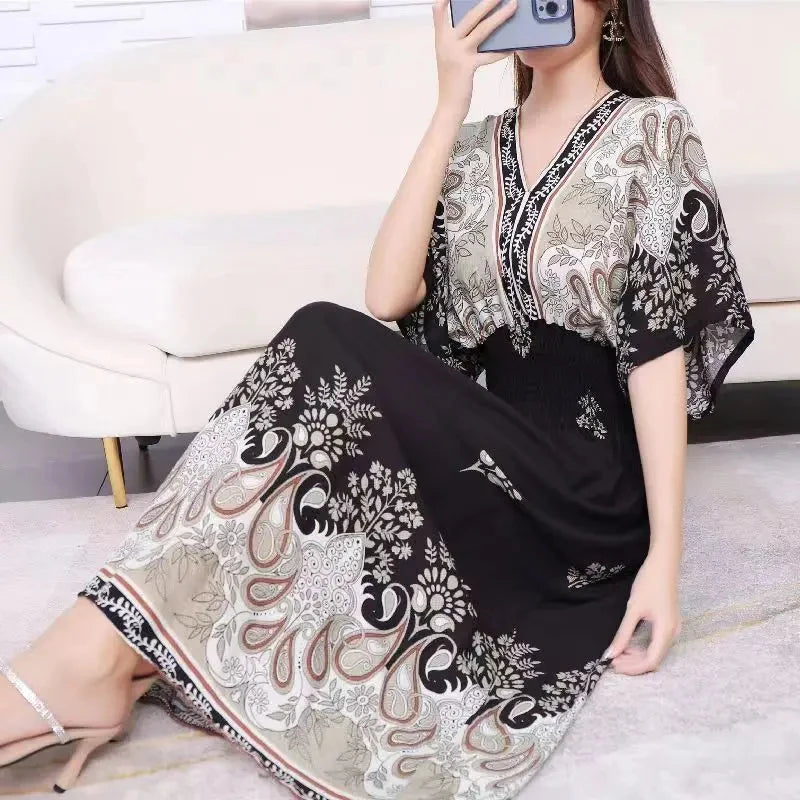 Flor colorida com decote em v elástico jovem boêmio doce midi vestido mulher roupas chique moda vestidos de verão 2025 grande balanço esqui