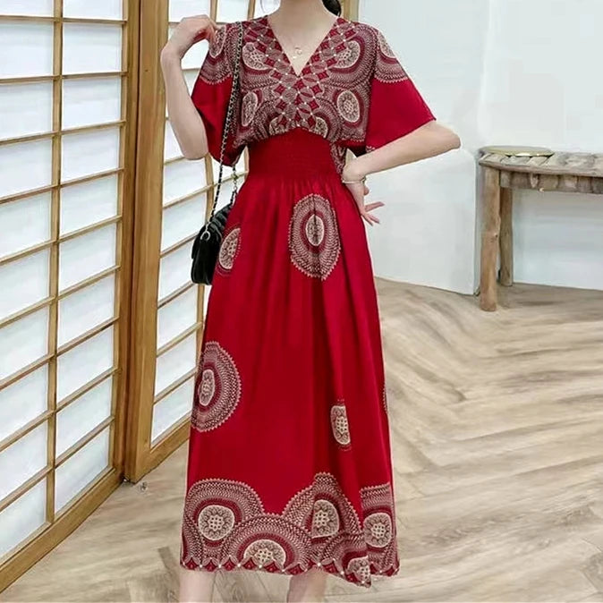 Flor colorida com decote em v elástico jovem boêmio doce midi vestido mulher roupas chique moda vestidos de verão 2025 grande balanço esqui