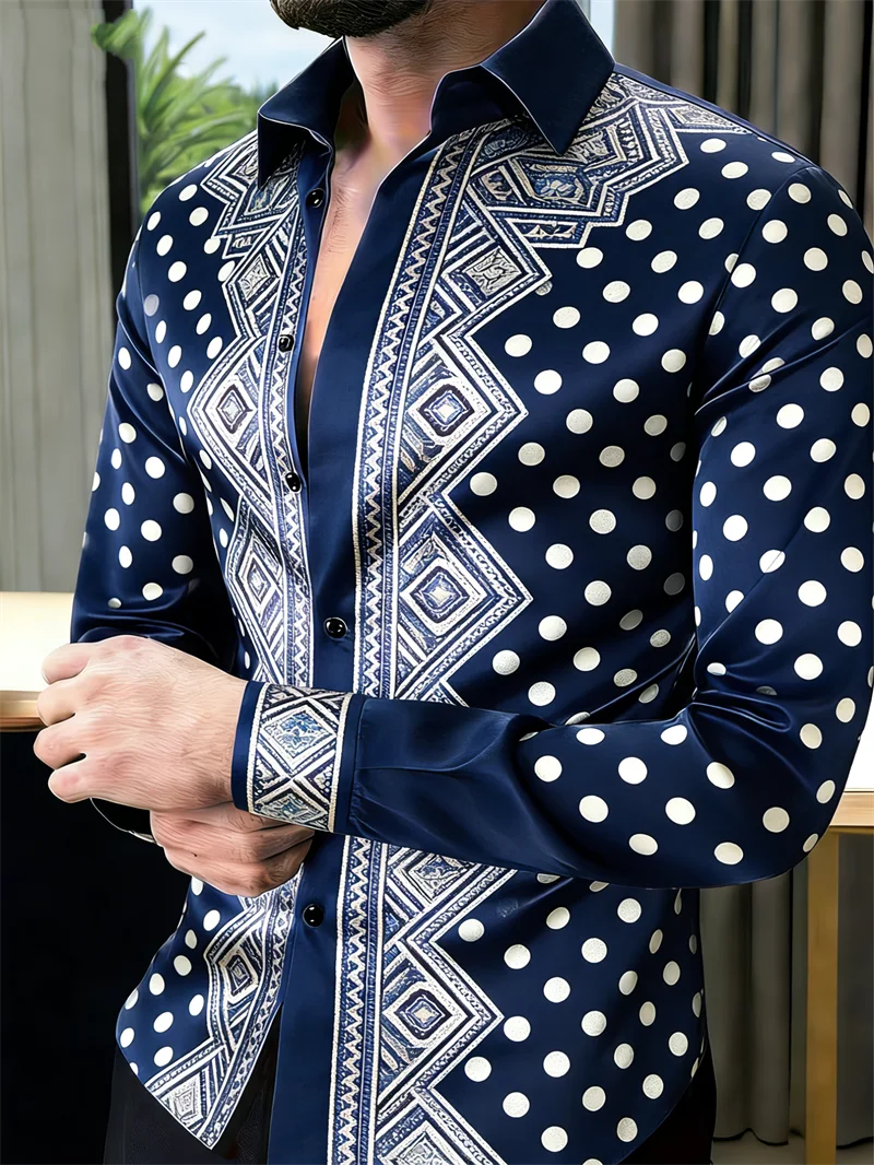 Nova camisa masculina de manga comprida com 11 cores, estampa 3D dourada, padrão de bolinhas moderno, estilo luxuoso.