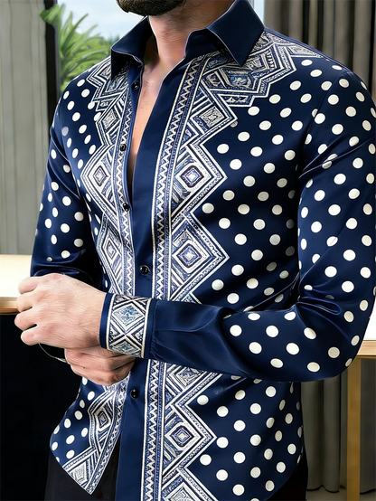 Nova camisa masculina de manga comprida com 11 cores, estampa 3D dourada, padrão de bolinhas moderno, estilo luxuoso.