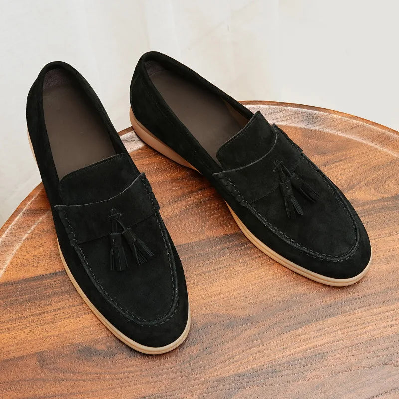 Mocassins Masculinos com Detalhe de Franjas em Couro Legítimo, Sapatos Formais de Negócios com Bico Redondo e Sola Baixa de Borracha, Respirável para o Verão