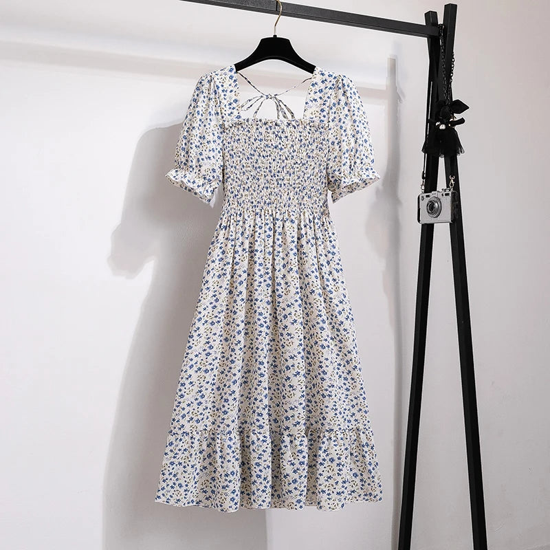 Verão plissado mulheres vestidos de chiffon casual praia férias manga curta gola quadrada mulher midi vestido boêmio mujer vestidos
