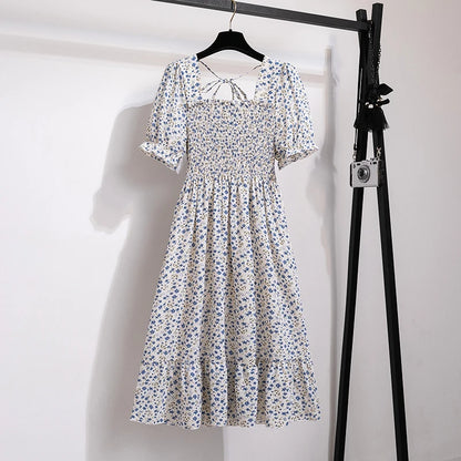 Verão plissado mulheres vestidos de chiffon casual praia férias manga curta gola quadrada mulher midi vestido boêmio mujer vestidos