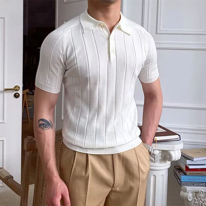 Camisa polo de malha elástica, pulôver casual, manga curta, tops de malha de botão de lapela, roupas da moda, primavera, verão, 2023