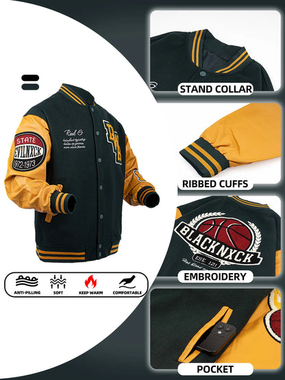Jaqueta Vintage Masculina Estilo Varsity Racing Letterman Casaco de Beisebol Streetwear com Mangas de Couro Sintético