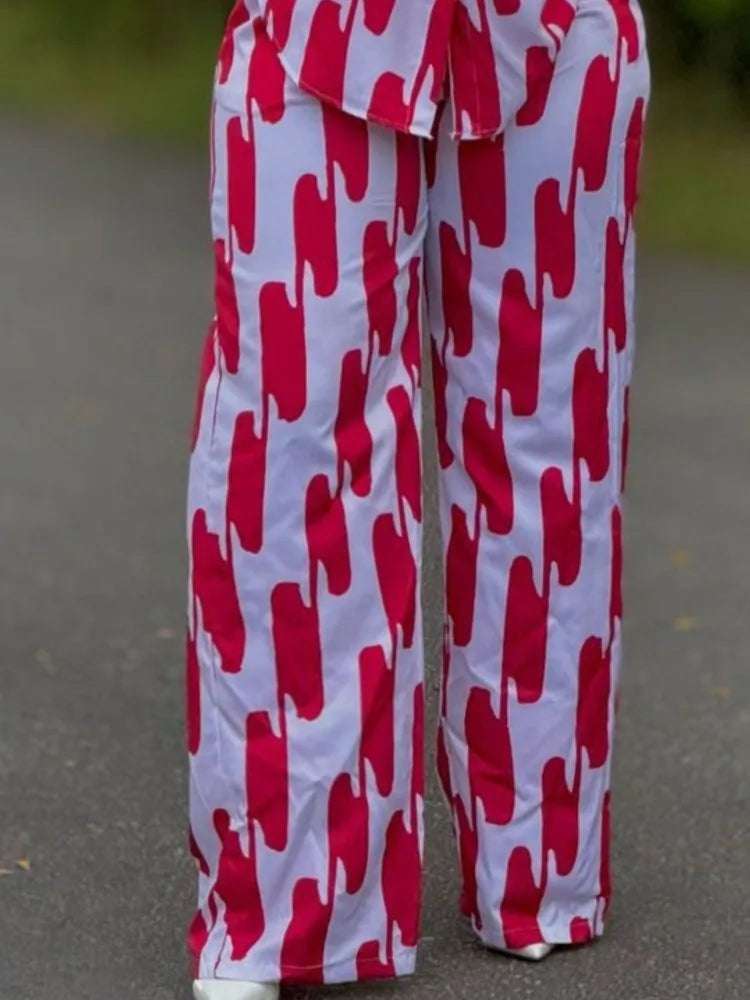 Conjunto de calças impressas feminino primavera outono casual botão camisas de manga comprida e calças retas de cintura alta 2 peça conjunto roupas casuais