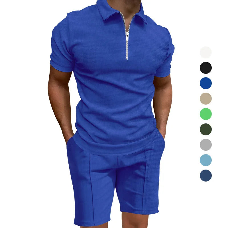Homens de manga curta slim-fit terno casual da moda, lapela waffle, cor sólida, roupas de verão, frete grátis, 2024