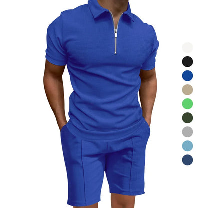Homens de manga curta slim-fit terno casual da moda, lapela waffle, cor sólida, roupas de verão, frete grátis, 2024