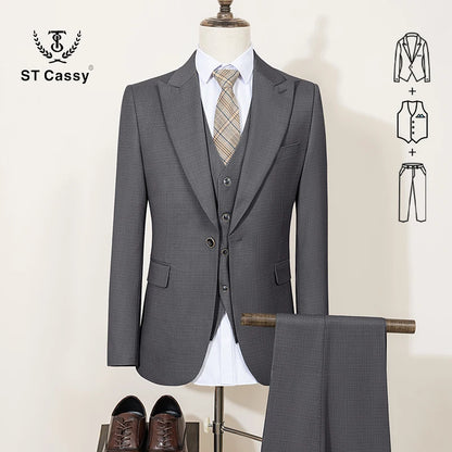 Conjunto de Terno Masculino ST Cassy Novo Estilo Fino de Três Peças Verde Slim Fit Formal para Escritório (jaqueta+colete+calças)