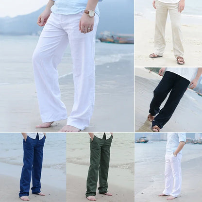 Calças casuais masculinas plus size de algodão e linho, calças casuais soltas e legais, calças de cintura elástica, roupas de rua, calças leves