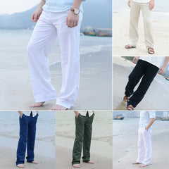 Calças casuais masculinas plus size de algodão e linho, calças casuais soltas e legais, calças de cintura elástica, roupas de rua, calças leves