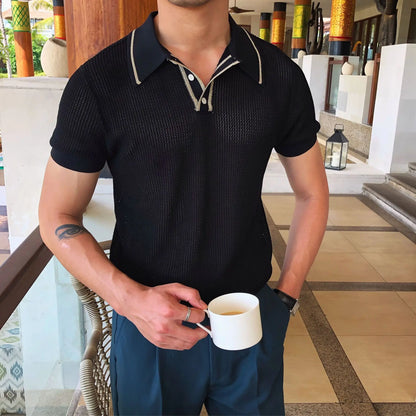Camisa polo de manga curta de malha masculina, blusa casual de negócios, polo Slim Fit, primavera verão, camiseta listrada moda, camiseta com gola polo, malhas