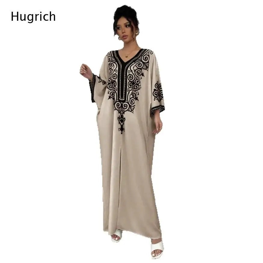 Vestido Maxi Kaftan Bege com Decote em V para Mulheres com Bordado Preto e Manga Batwing Étnica Abaya