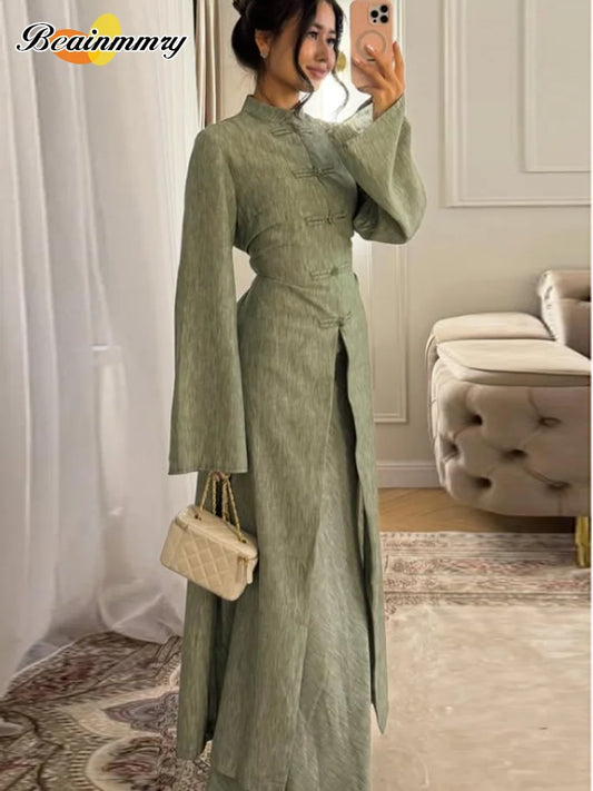 Vestido Maxi Oriental Feminino Chique Minimalista com Gola Alta, Botões e Fenda na Barra, Vestidos Longos 2026 Nova Coleção Primavera Estilo Urbano Feminino