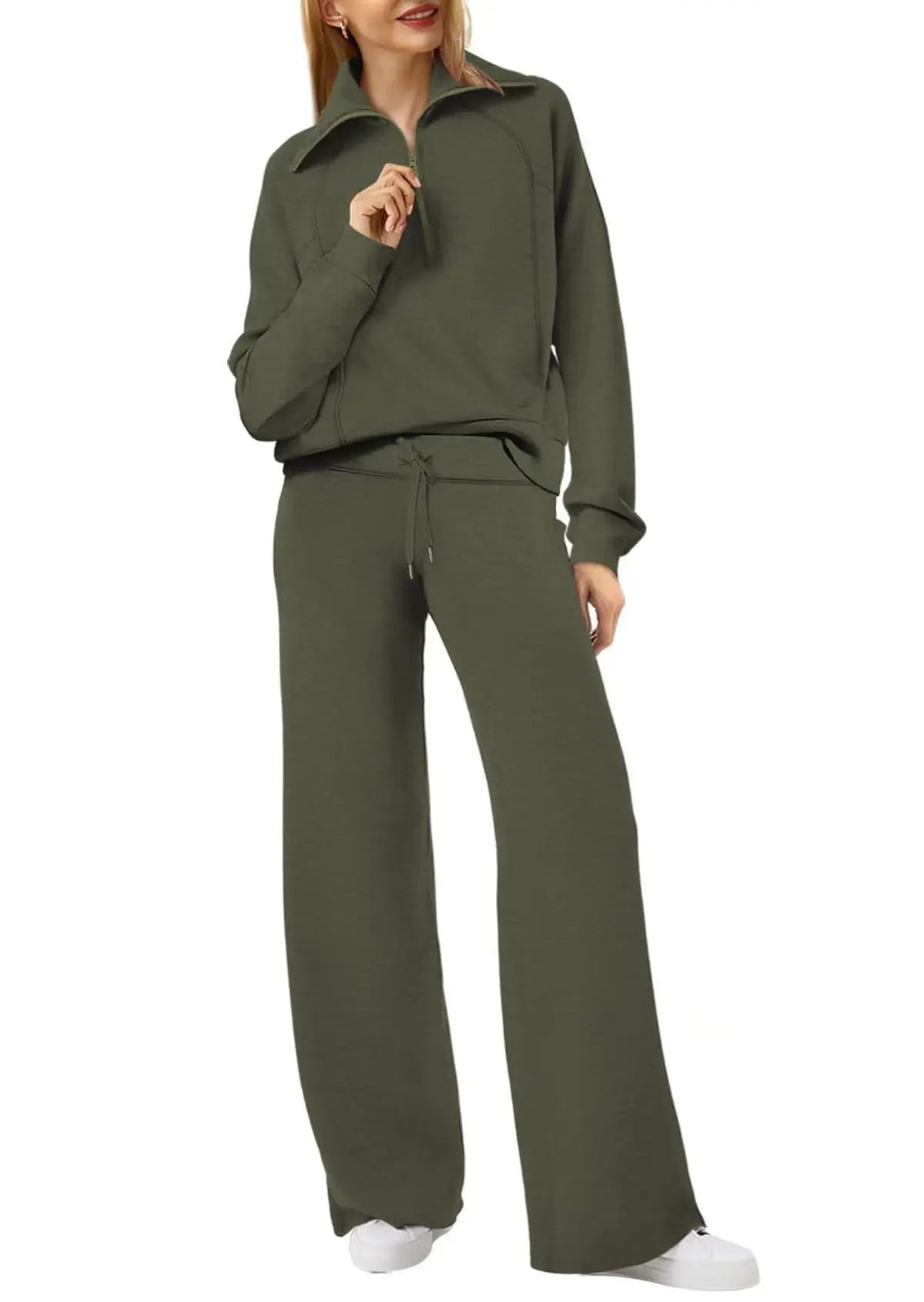 Conjunto de Moletom Feminino de 2 Peças: Blusão Forrado com Fleece Macio e Calça Fluida para Corrida ao Ar Livre e Viagens