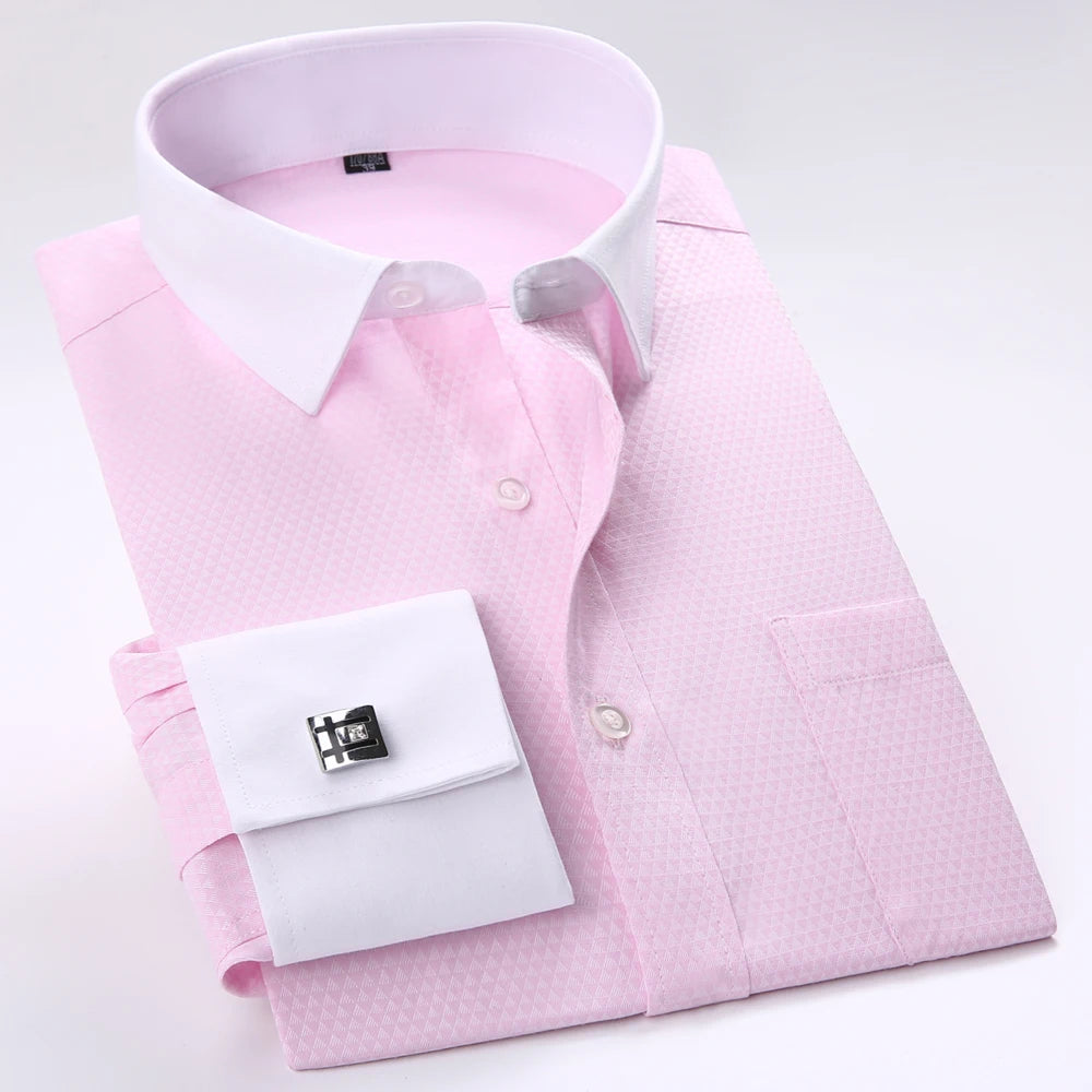 Camisa masculina com gola espalhada, punho francês, manga comprida, botões formais de negócios, camisas de casamento masculinas, ajuste regular, camisa com abotoaduras