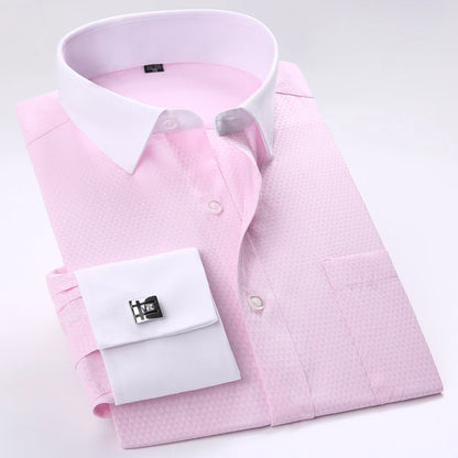 Camisa masculina com gola espalhada, punho francês, manga comprida, botões formais de negócios, camisas de casamento masculinas, ajuste regular, camisa com abotoaduras
