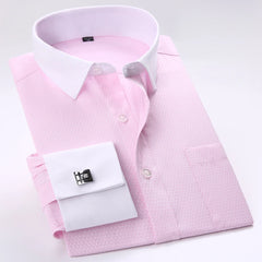 Camisa masculina com gola espalhada, punho francês, manga comprida, botões formais de negócios, camisas de casamento masculinas, ajuste regular, camisa com abotoaduras