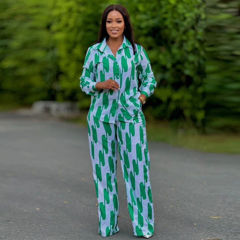 Moda africana feminina conjunto de duas peças listra impresso outono casual botão manga comprida camisa calças perna larga conjunto de duas peças feminino