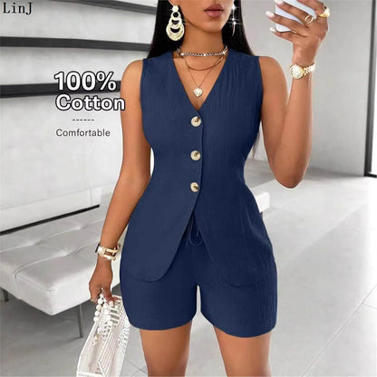 Conjunto Feminino Casual Spicy Girl 2026: Top Sem Mangas e Shorts com Cinto – Terno de Três Peças Moderno para Primavera, Verão e Outono