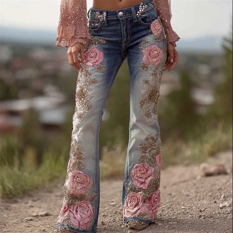Novas Calças Jeans Flare Femininas com Estampa Digital 3D, Cintura Alta, Ajuste Slim, Denim Elástico, Estilo Casual e Moderno para Uso Diário