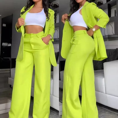 Conjunto de Duas Peças para Mulheres, Moda de Outono, Blazer de Manga Longa com Colarinho e Calças Elegantes com Design de Bolsos