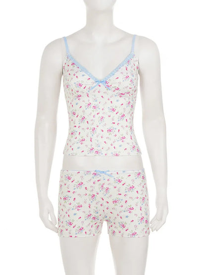 Conjunto feminino oniflyme com estampa floral, decote em v, verão, sexy, sem mangas, costas nuas, shorts, conjunto de 2 peças, casual, roupa de casa