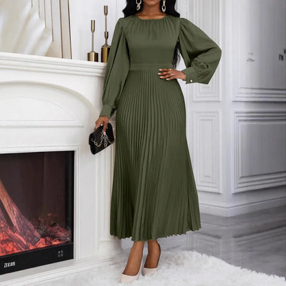 Pleated Dress Women Lantern Sleeves Long Dresses Round Collar Tight Waist A Line Spring 2026 Vestidos Office Lady Maxi Gown