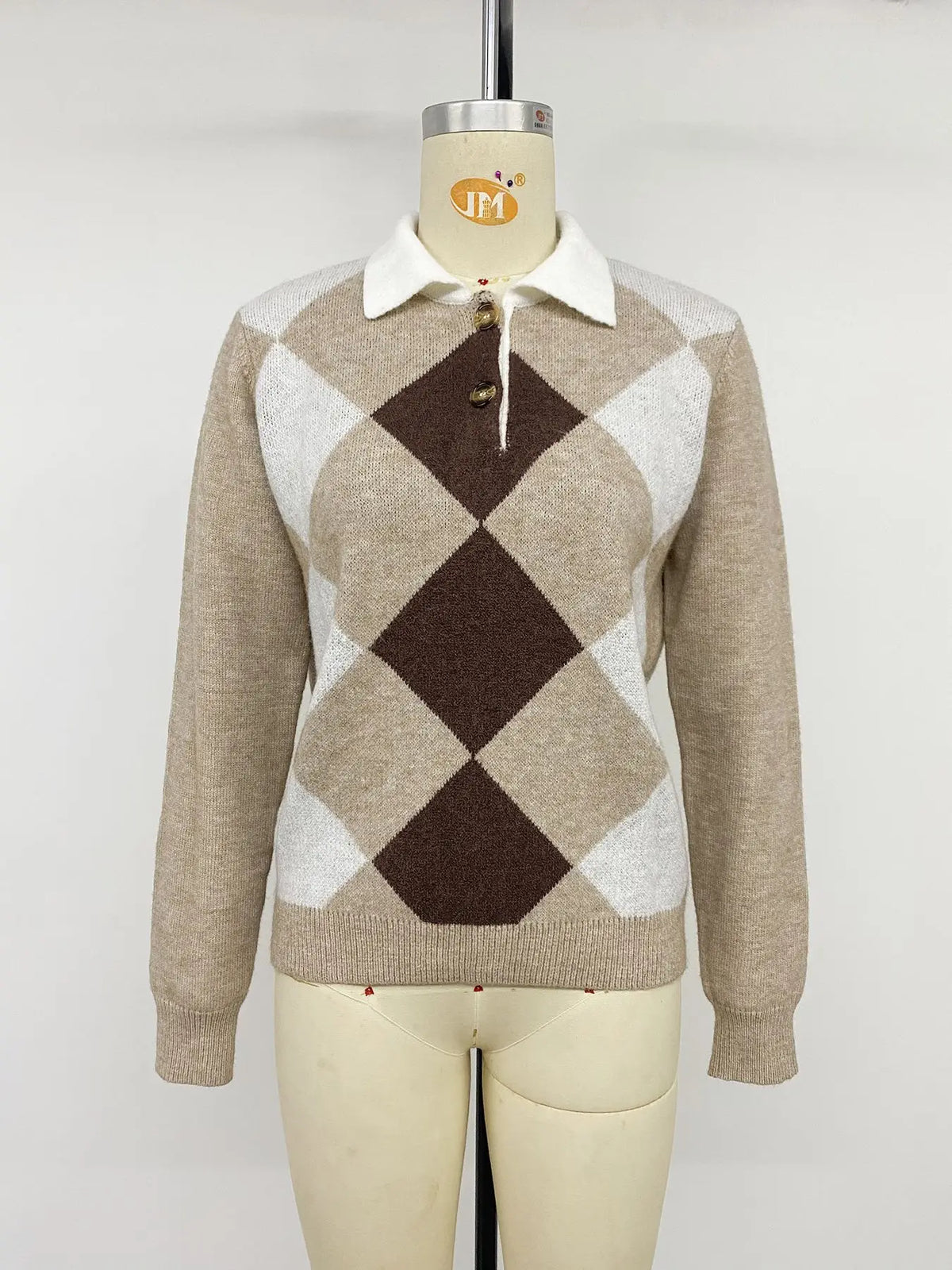 Suéter Feminino Elegante com Gola de Lapela, Jacquard em Losangos, Manga Longa, Estilo Outono, Suave e Delicado.