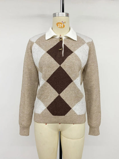 Suéter Feminino Elegante com Gola de Lapela, Jacquard em Losangos, Manga Longa, Estilo Outono, Suave e Delicado.