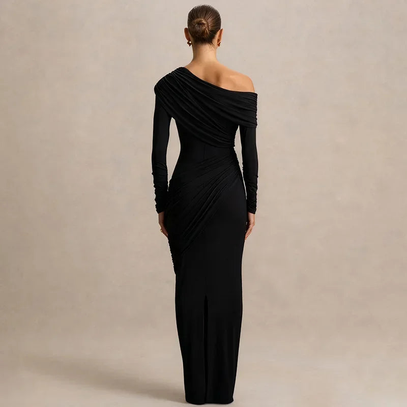 Um ombro manga longa sexy maxi vestido feminino elegante gola inclinada sem costas ruched sólido chique bodycon clube vestidos de festa